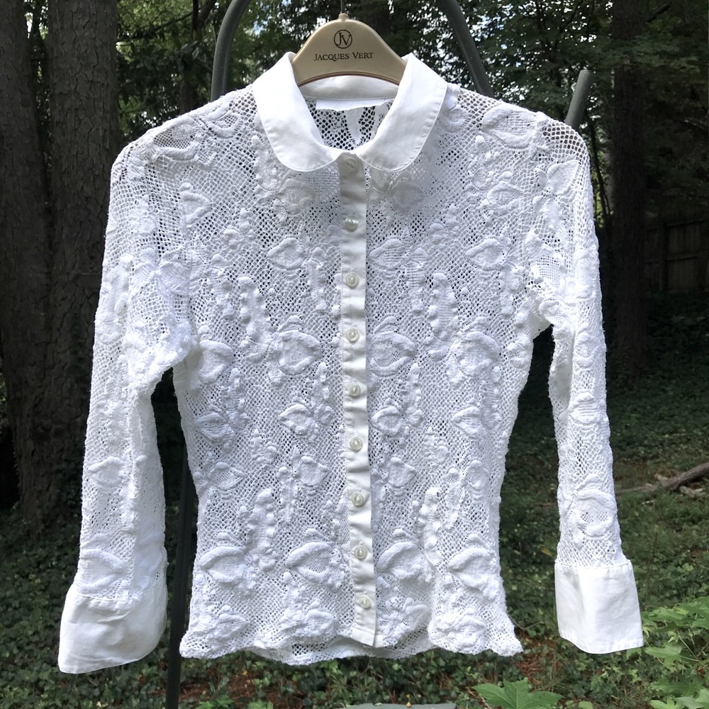 Anne Fontaine White Lace Button-Down Blouse